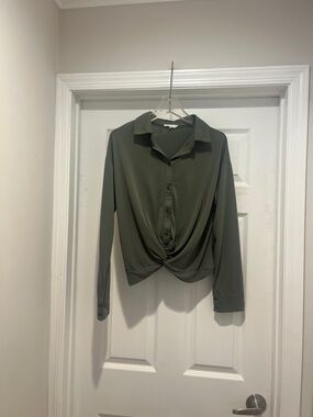 Twist-Front Olive Button-Down Shirt